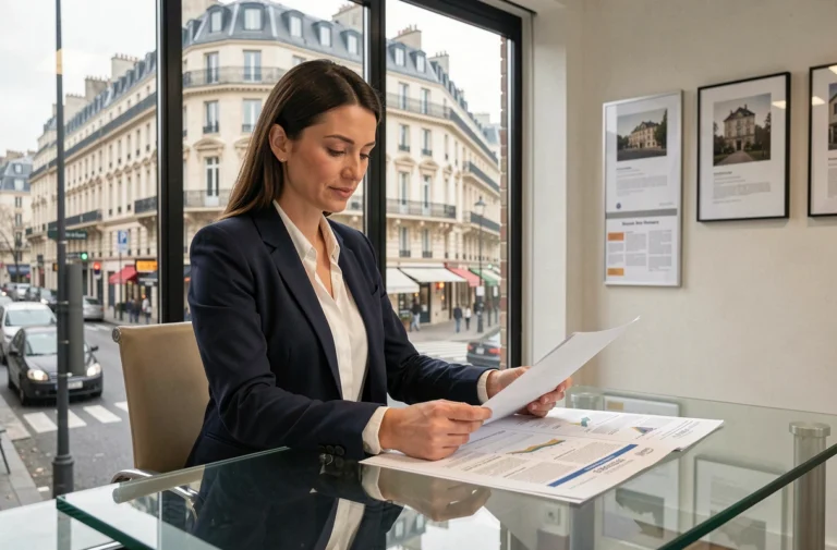 Agente immobilière analysant les tendances du marché immobilier français dans une agence moderne à Paris