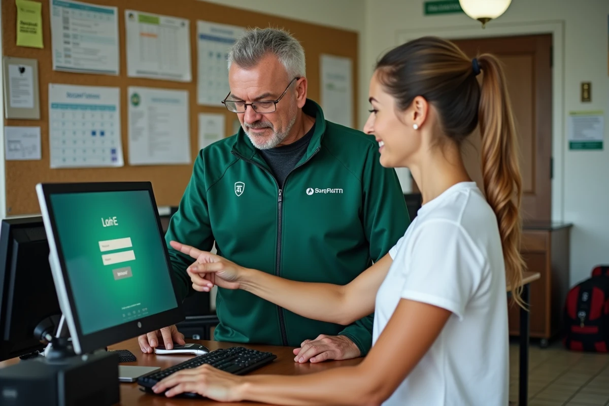 Deux membres d'un club de football assistant à la connexion sur la plateforme Footclub FFF au bureau d'accueil