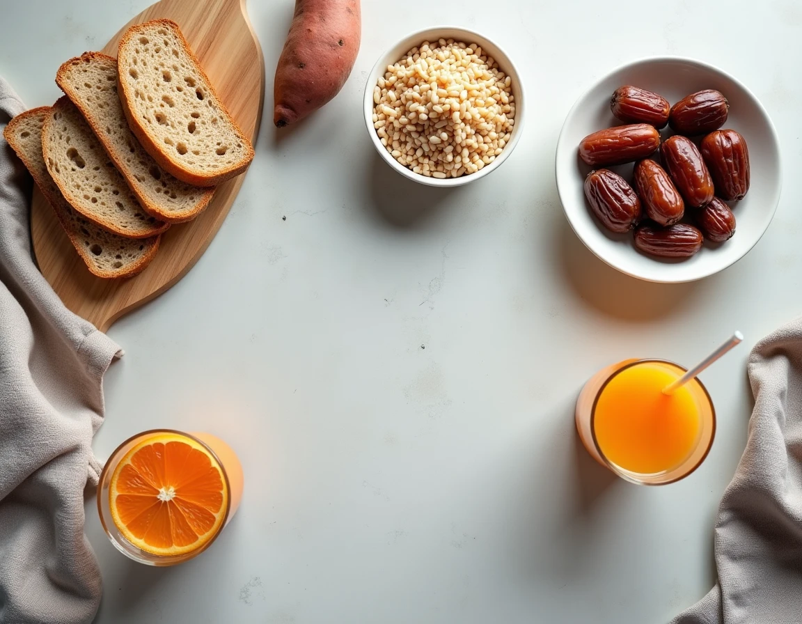 Sélection d'aliments glucidiques pour le pré-entraînement disposés sur un plan de travail : pain complet, riz, dattes et patate douce