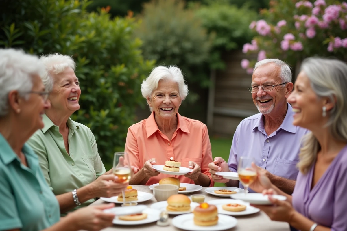 Groupe d amis riant dans un jardin coloré pour fête