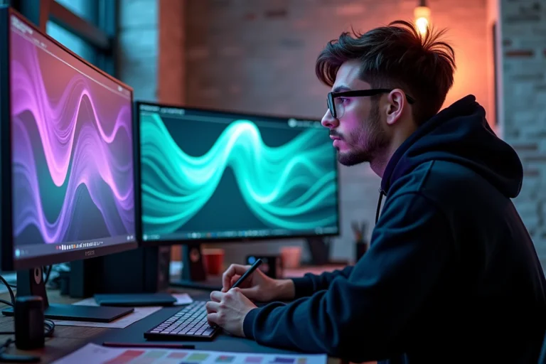 Artiste numérique androgyne travaillant sur des œuvres d'art génératif dans un loft industriel avec tablette graphique et double écran