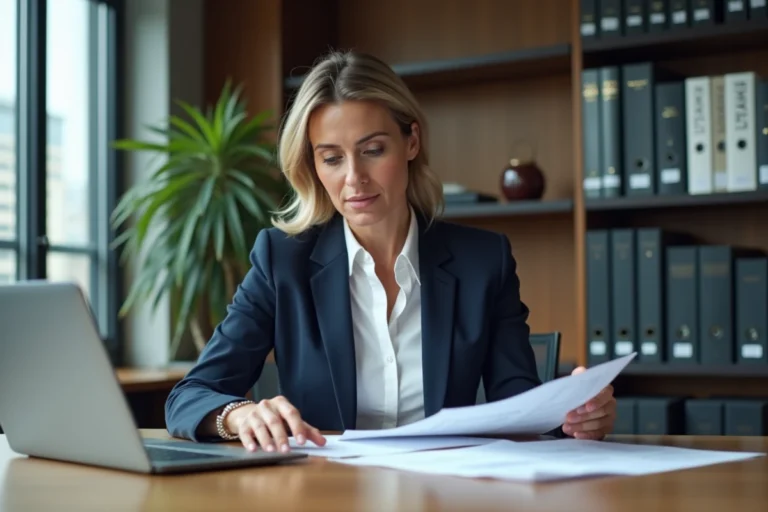 Associée d'entreprise examinant des documents financiers liés à un compte courant d'associé dans un bureau moderne