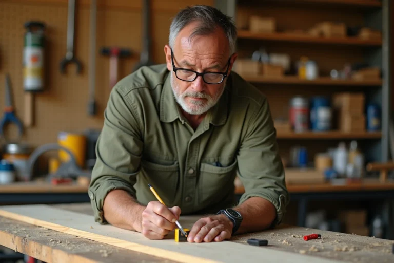 Bricoleur mesurant une planche en bois dans un atelier de garage bien équipé