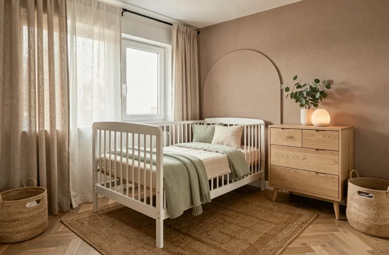 Chambre de bébé moderne et apaisante avec un berceau en bois blanc, literie en coton biologique vert sauge et des éléments naturels en chêne