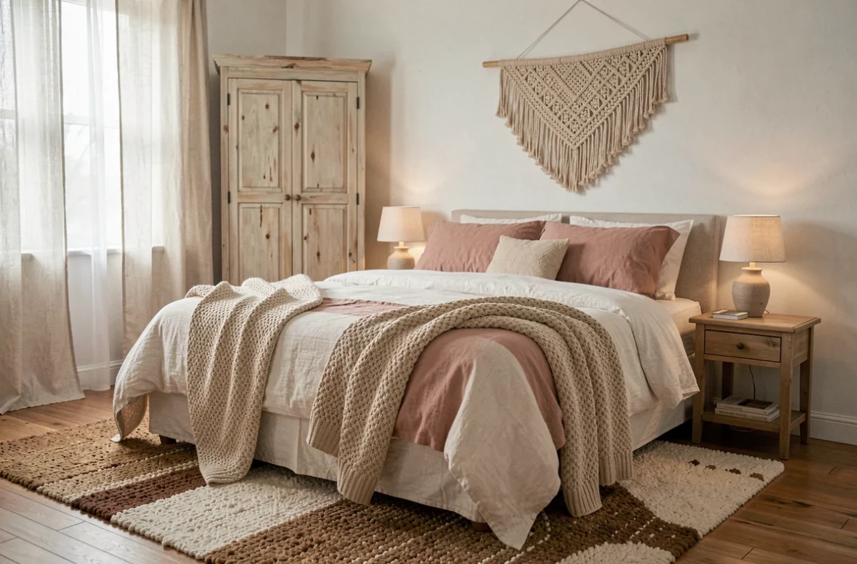 Chambre douillette décorée avec un lit en lin blanc et rose poudré, une couverture en tricot et un macramé mural au-dessus de la tête de lit