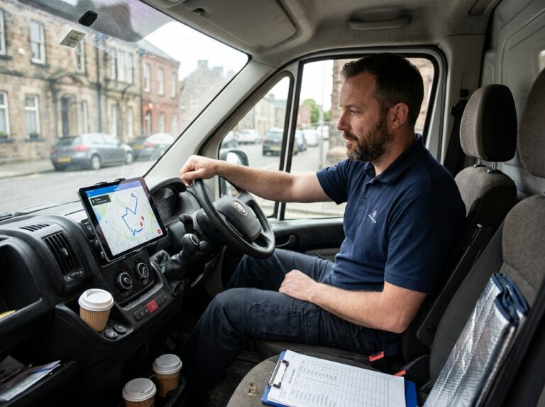 Chauffeur-livreur planifiant ses tournées sur une tablette dans la cabine d'un camion de livraison