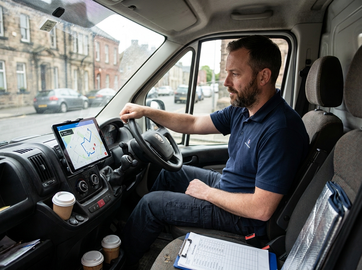 Chauffeur-livreur planifiant ses tournées sur une tablette dans la cabine d'un camion de livraison