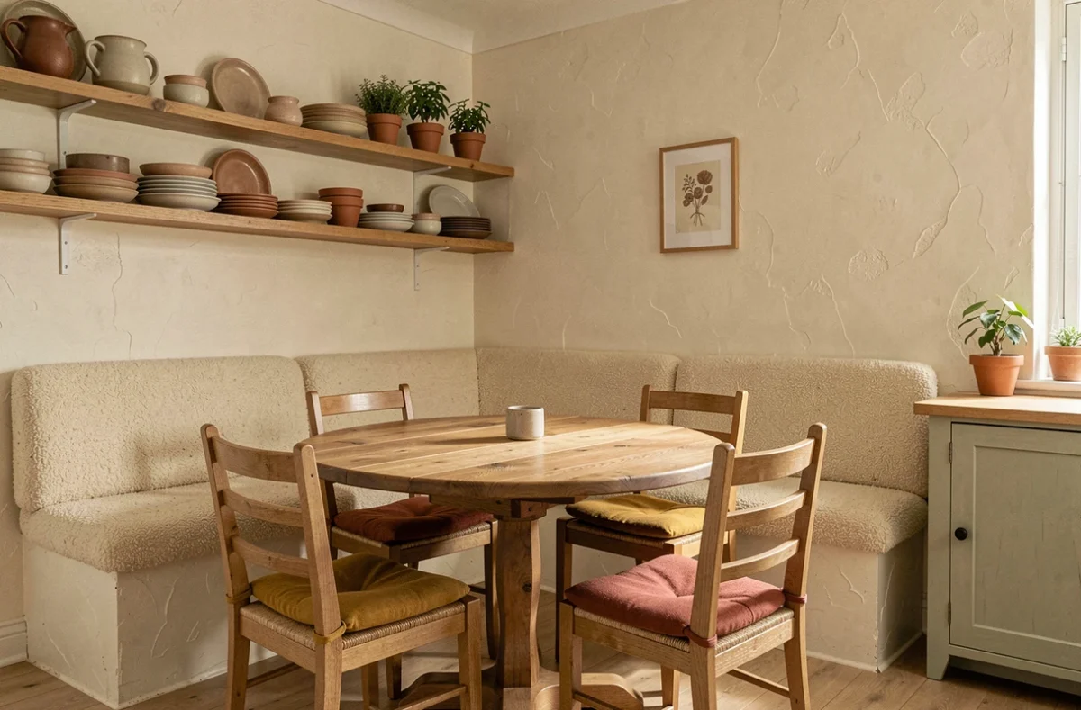 Coin repas cosy avec table en chêne, banquette en tissu bouclé et étagères ouvertes chargées de vaisselle artisanale