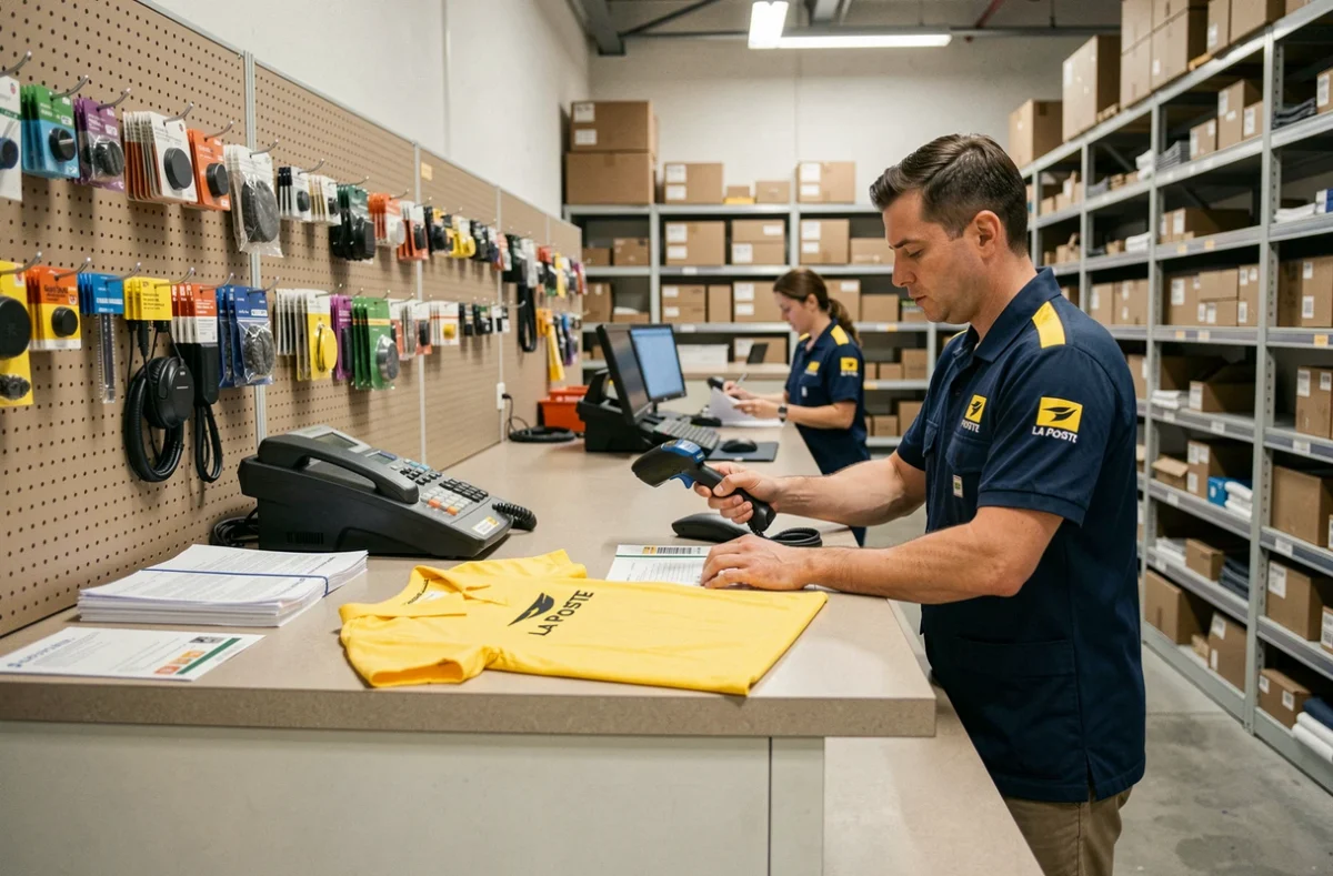 Employé La Poste recevant son équipement vestimentaire au comptoir de distribution lors de son intégration
