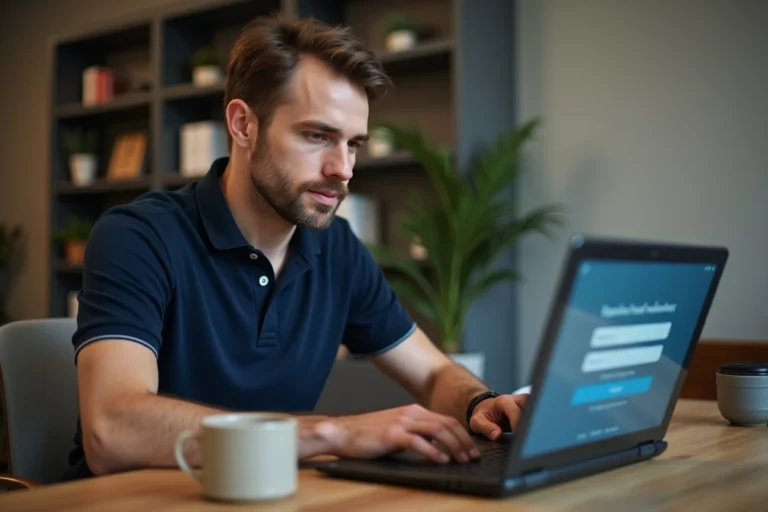 Homme connecté à son espace personnel Footclub FFF sur un ordinateur portable dans un bureau à domicile