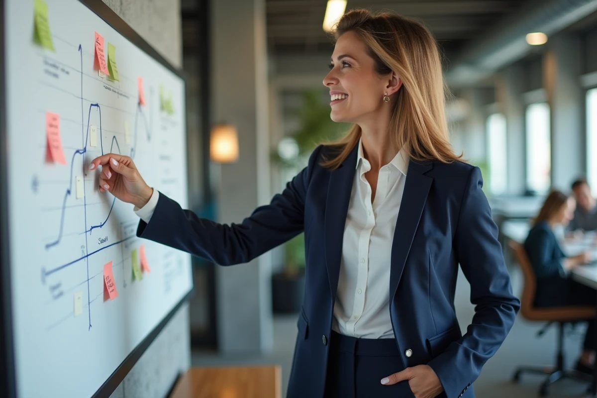 Consultante en stratégie d'entreprise présentant un plan de croissance devant un tableau blanc dans un bureau moderne et collaboratif