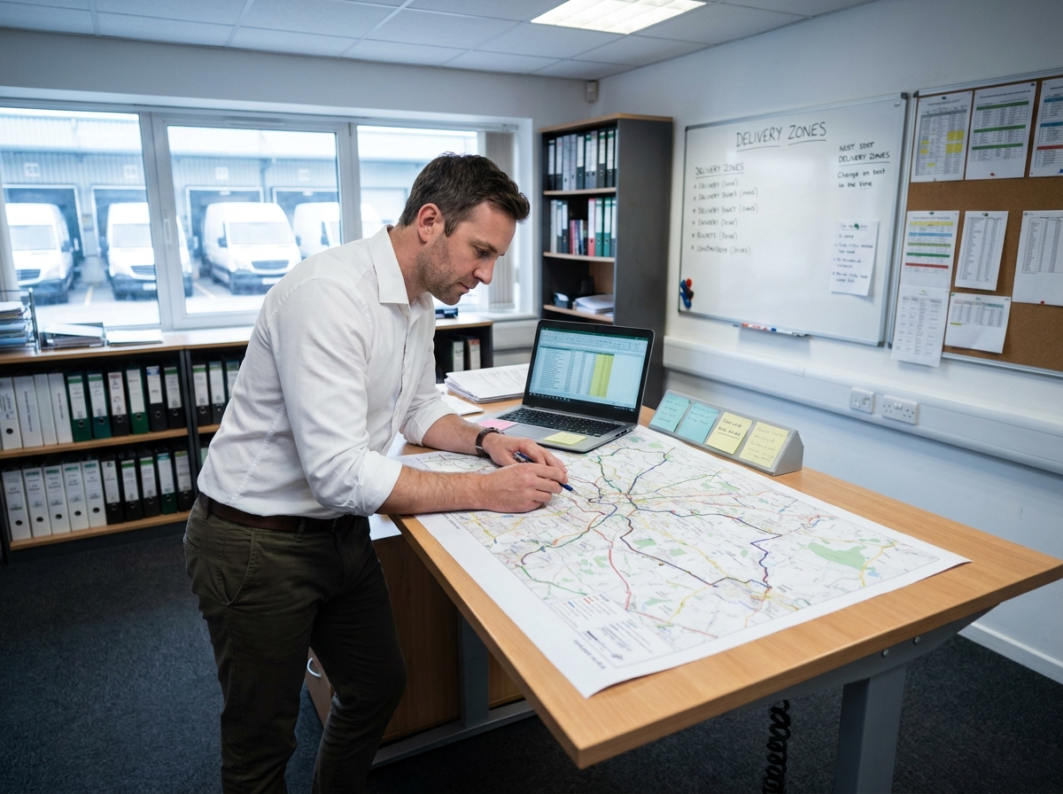 Coordinateur logistique organisant les tournées de livraison sur une carte imprimée dans un bureau de dispatch