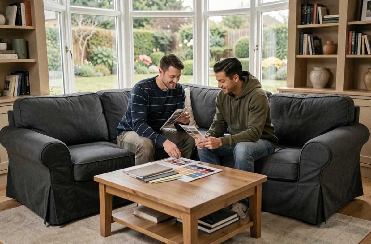 Couple choisissant une housse pour canapé d'angle en consultant un catalogue de tissus dans leur salon