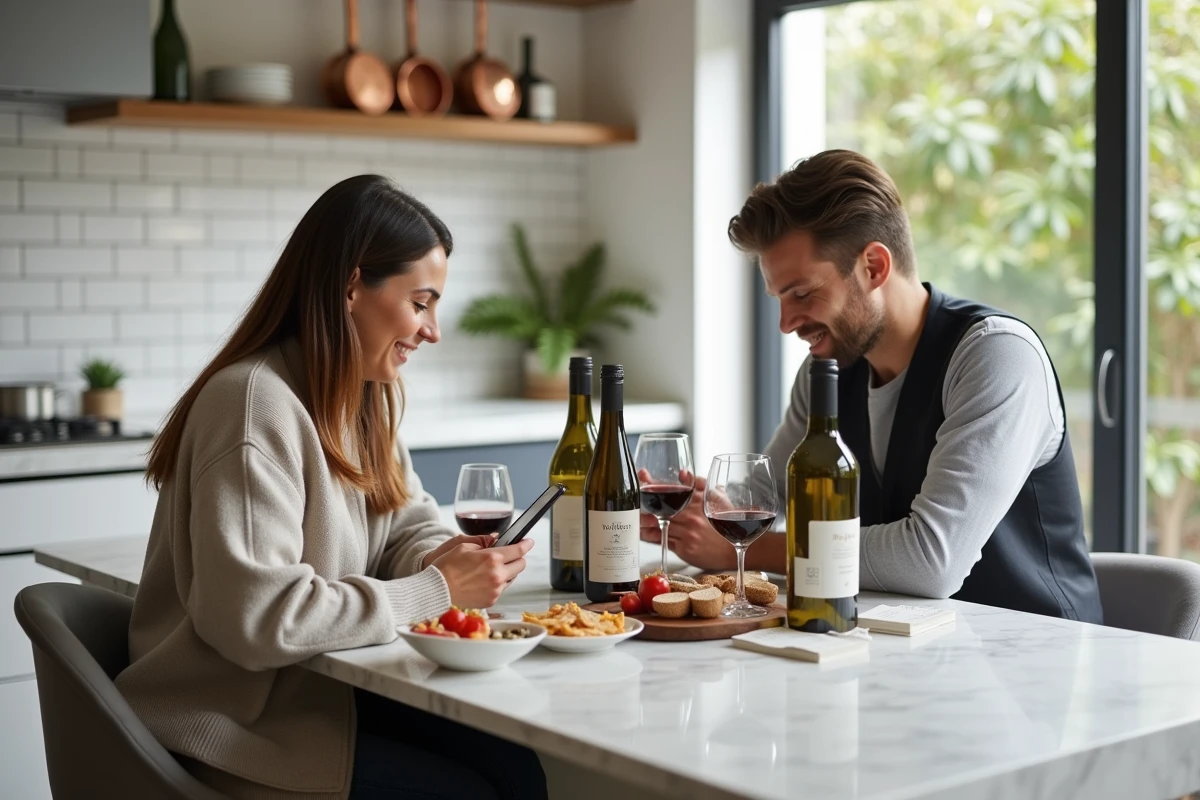 Couple découvrant ensemble les rubriques d'un site de vin autour d'une dégustation dans une cuisine moderne