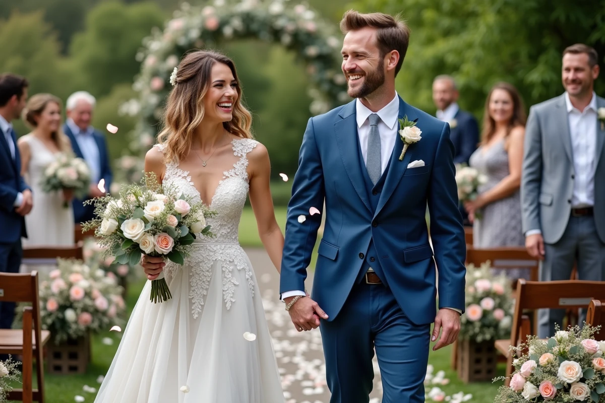 Jeune couple heureux lors d'un mariage en plein air