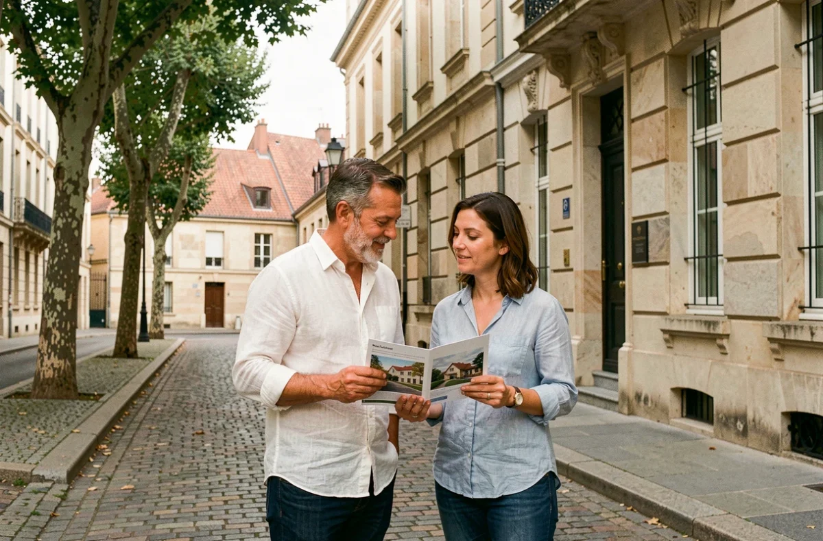 Couple visitant une maison de ville en pierre à Lyon pour un achat immobilier en France