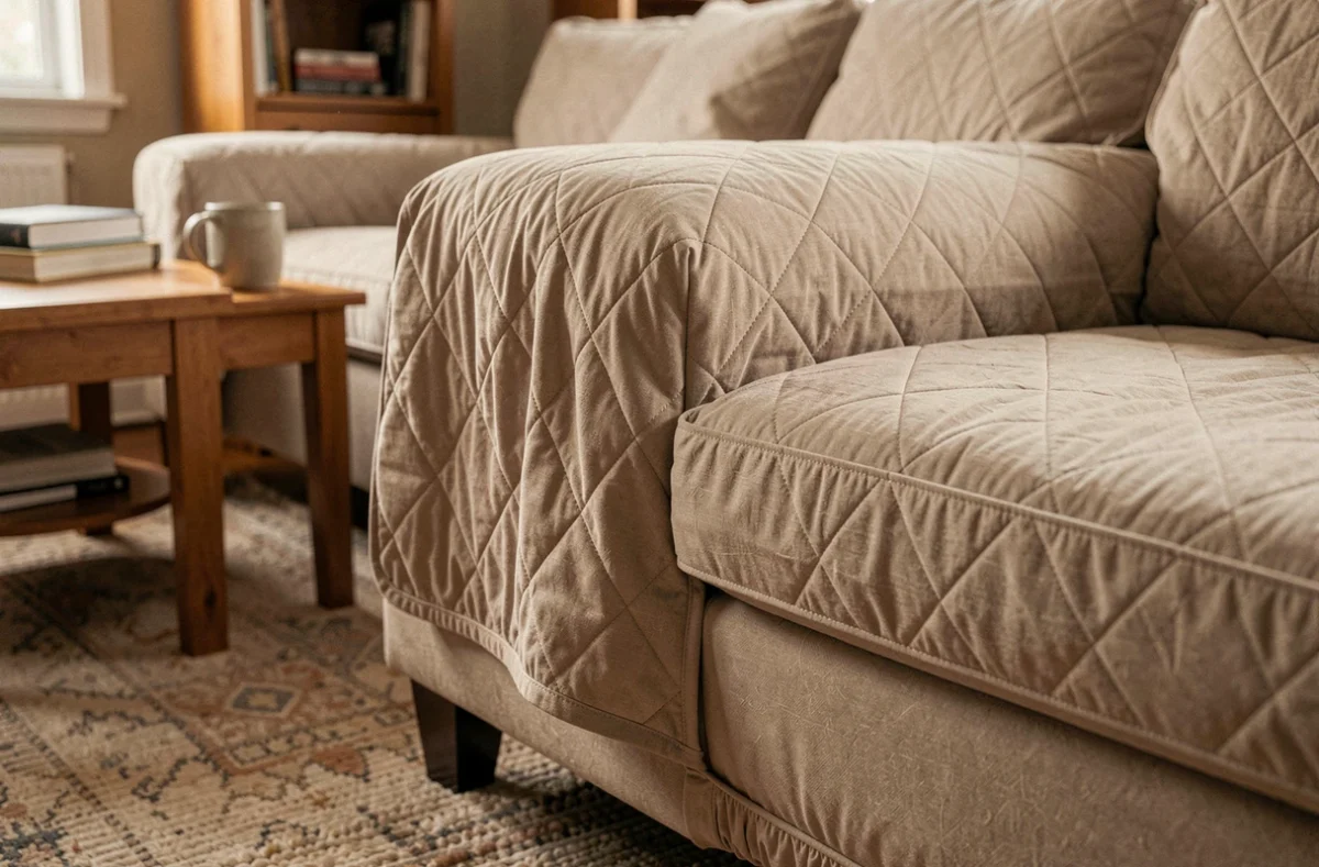 Gros plan sur une housse matelassée beige ajustée sur l'accoudoir d'un canapé d'angle en tissu