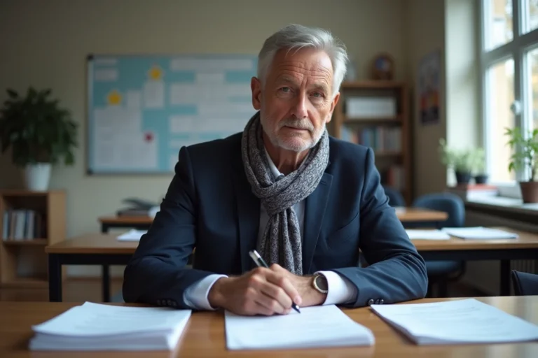 Professeur français en costume dans un bureau scolaire