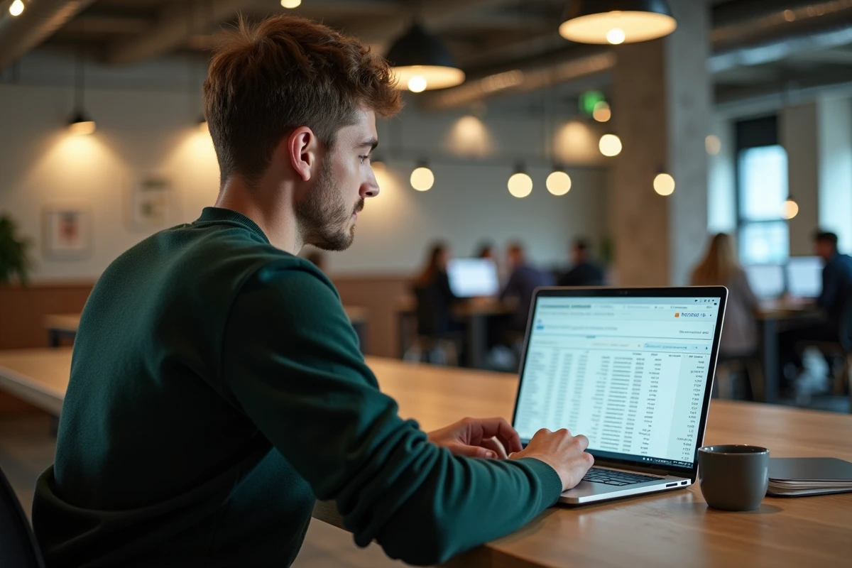 Jeune entrepreneur analysant les flux de trésorerie et les apports en compte courant d'associé sur ordinateur portable