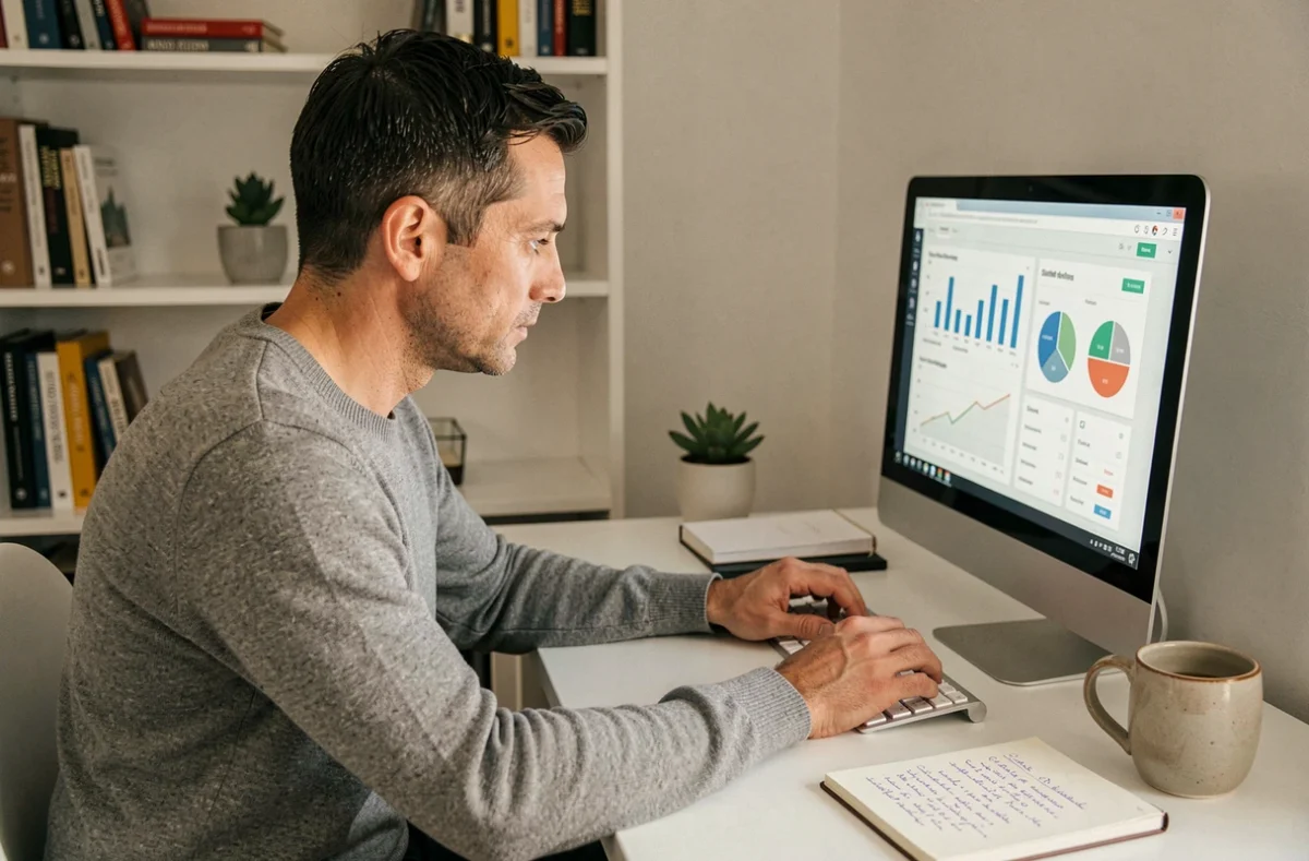 Entrepreneur concentré analysant des données analytiques depuis son bureau à domicile