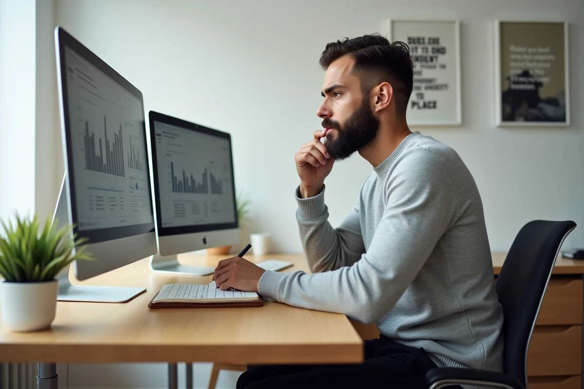 Entrepreneur analysant des tableaux de bord de performance numérique sur un écran d'ordinateur dans un bureau minimaliste et organisé