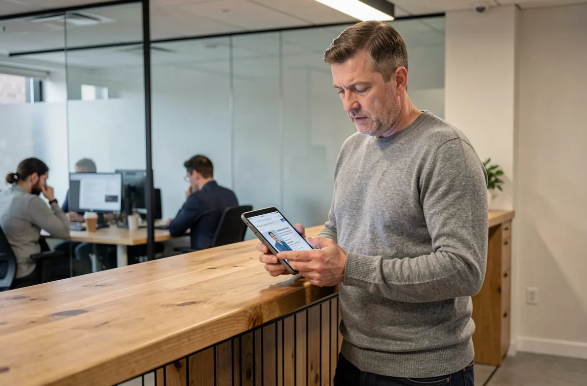 Homme entrepreneur debout dans un espace de coworking consultant un blog d'entreprise sur une tablette