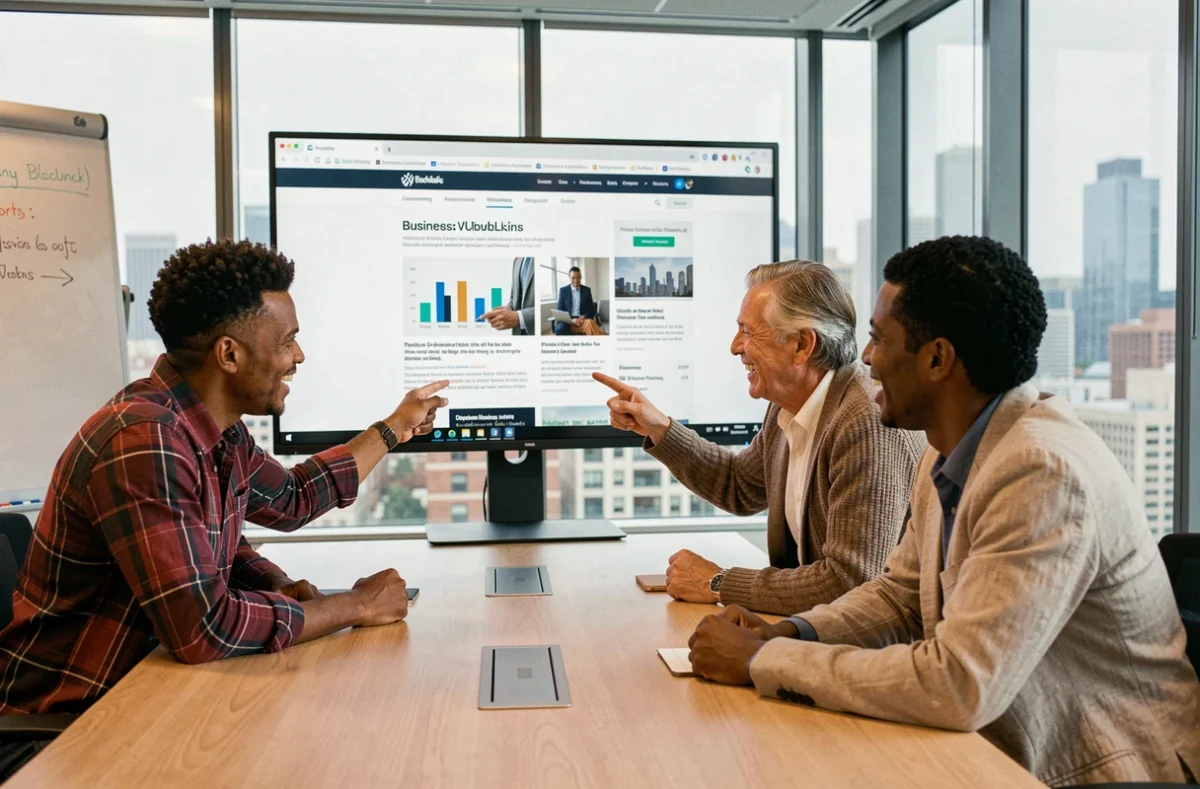 Équipe de professionnels analysant ensemble le contenu du site Blog Entreprises lors d'une réunion