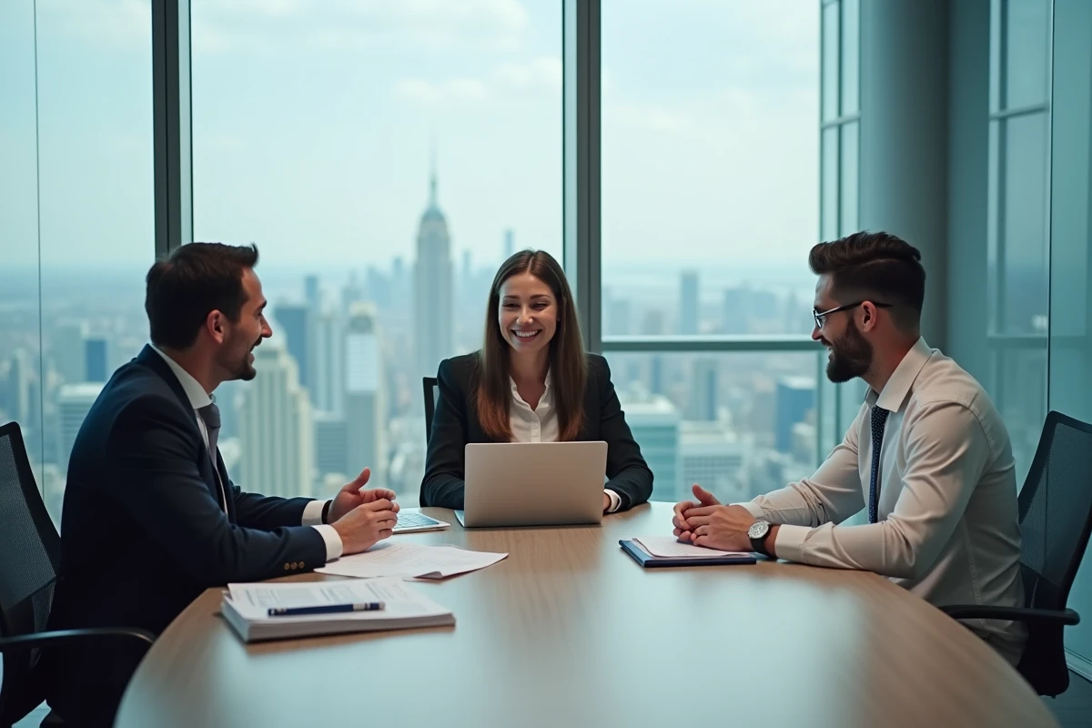 Équipe de professionnels en réunion de travail autour d'une table de conférence dans un bureau contemporain avec vue sur la ville