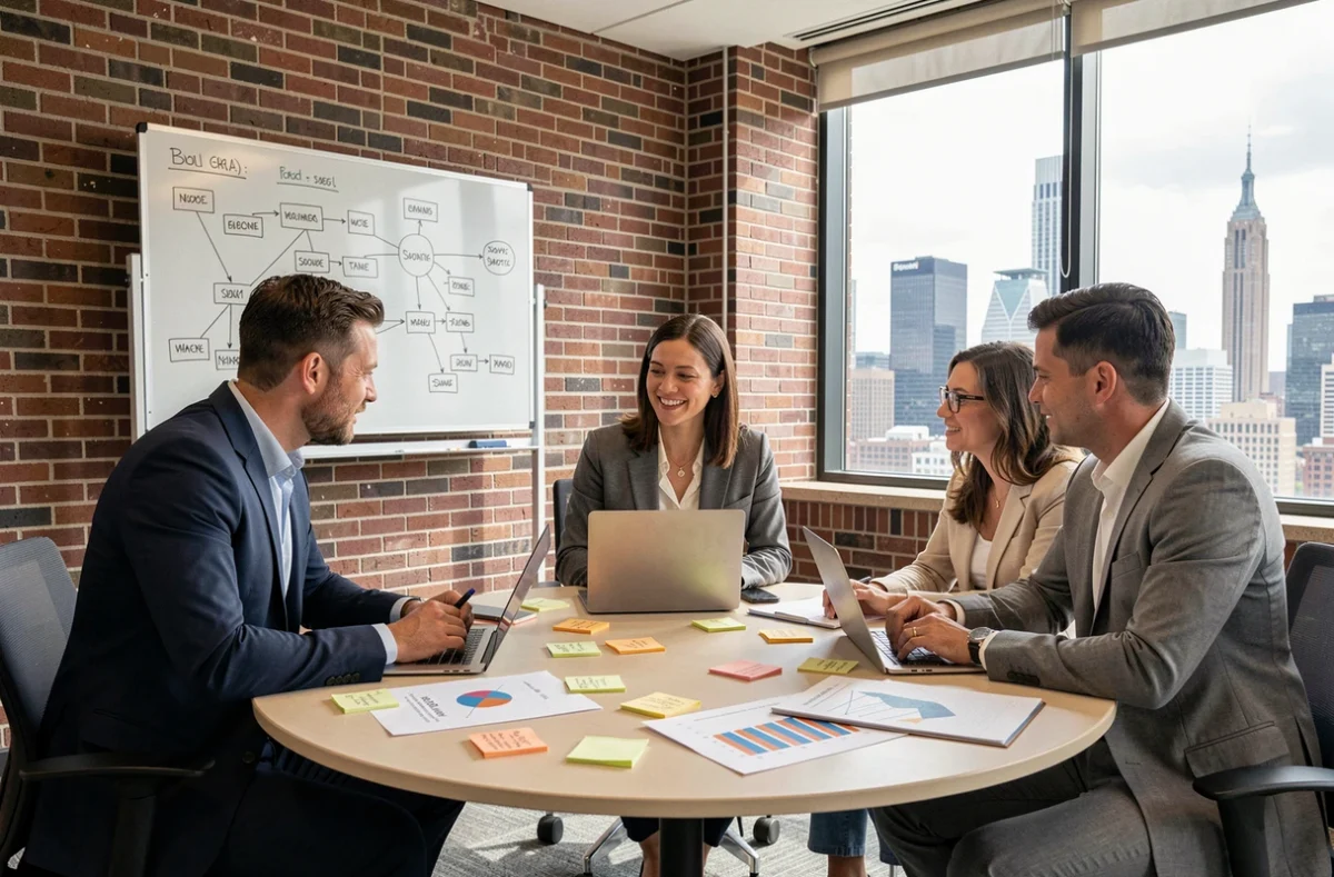 Équipe de professionnels en réunion de brainstorming pour développer leur entreprise