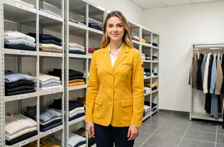 Nouvelle employée de La Poste découvrant l'espace habillement avec des uniformes jaunes rangés sur des étagères métalliques