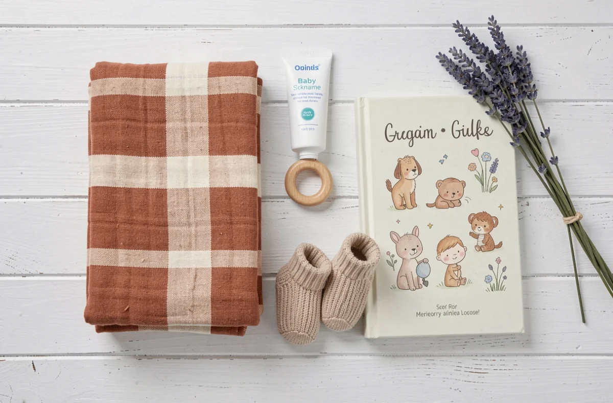 Vue à plat des essentiels pour la chambre de bébé incluant une gigoteuse en mousseline, un anneau de dentition en bois et des chaussons tricotés sur fond blanc