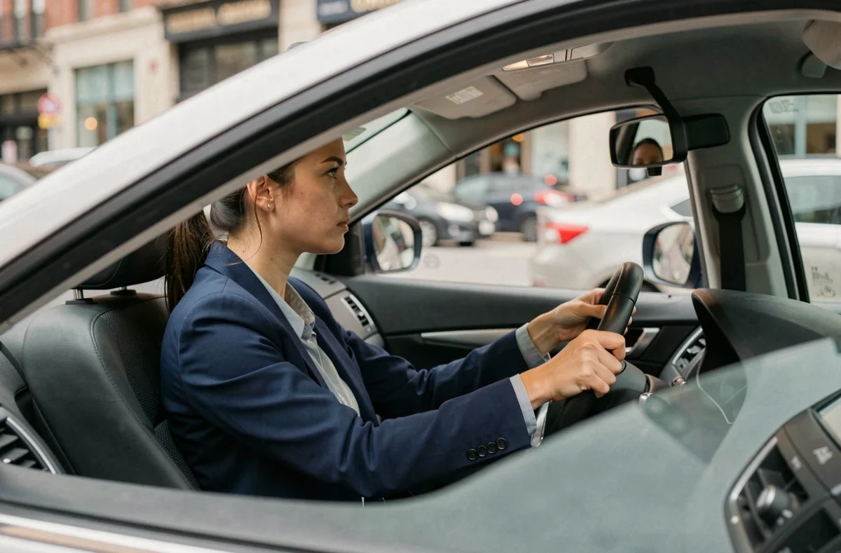Jeune femme passant son examen de permis de conduire dans une voiture moderne, concentrée au volant en milieu urbain