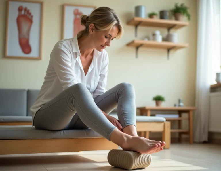 Femme réalisant un exercice d'étirement du pied sur rouleau en mousse pour soulager une épine calcanéenne en cabinet de kinésithérapie