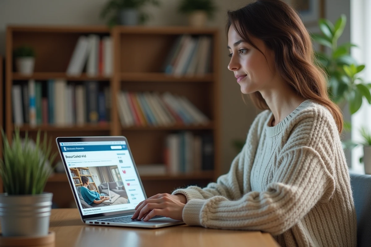 Femme consultant une annonce payante sur Leboncoin depuis son bureau à domicile
