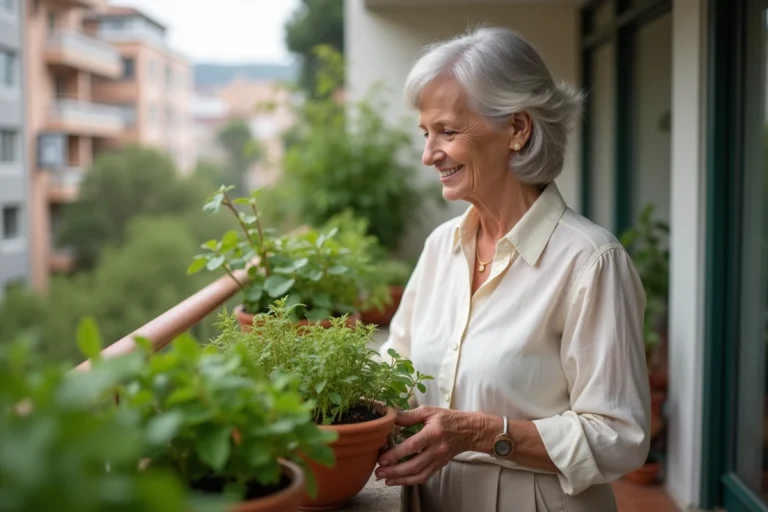 Femme élégante de 60 ans sur balcon avec plantes