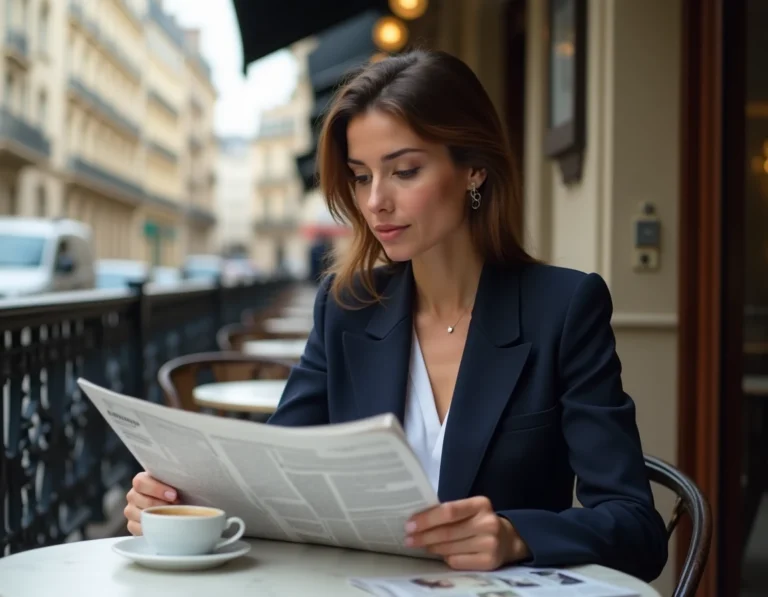 Femme française lisant le journal en terrasse de café à Paris, actualités et tendances du quotidien