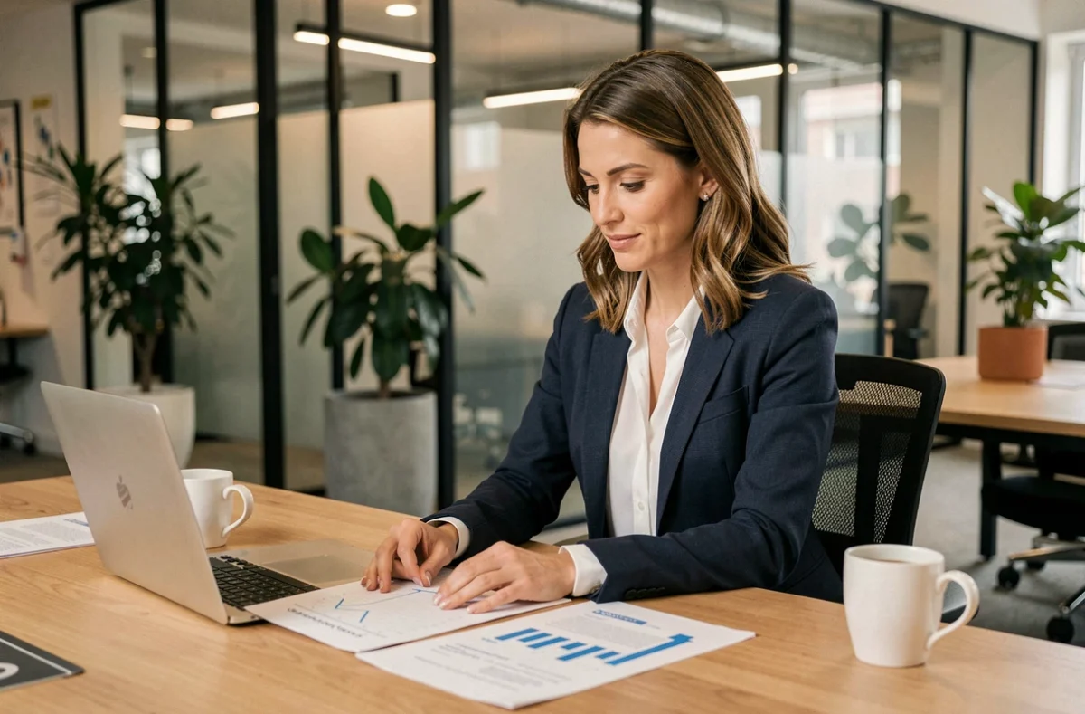 Femme cheffe d'entreprise analysant une stratégie commerciale dans un bureau moderne en 2024