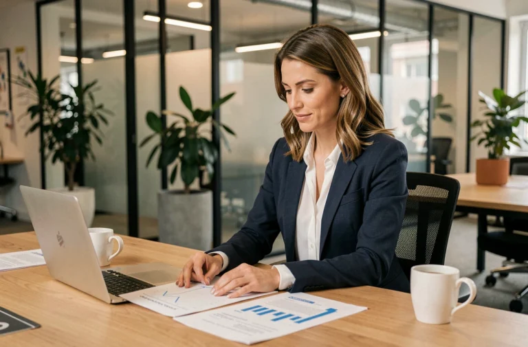 Femme cheffe d'entreprise analysant une stratégie commerciale dans un bureau moderne en 2024