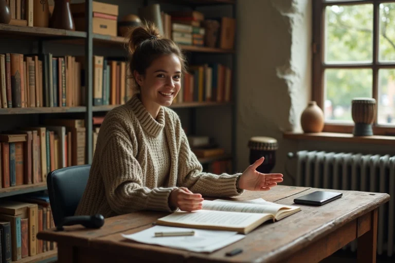 Jeune femme en discussion dans un bureau universitaire ethnomusicologie