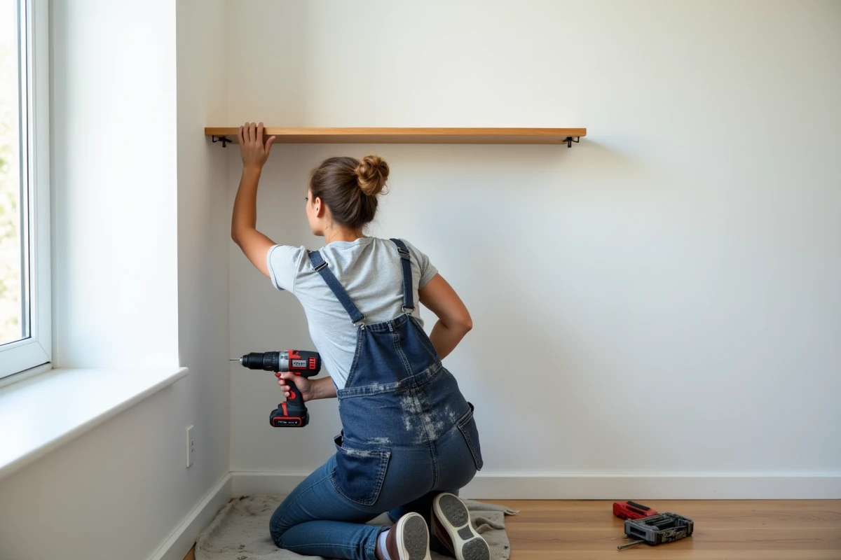 Femme installant une étagère murale flottante dans un appartement en rénovation