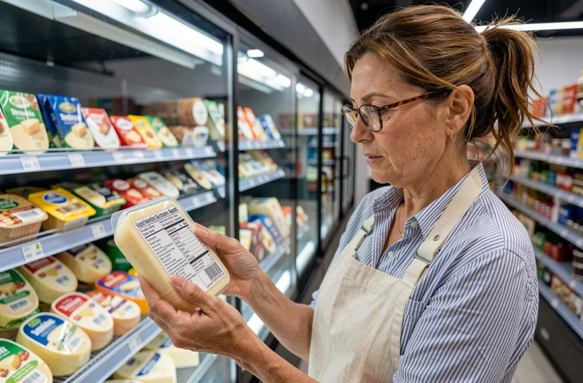 Femme lisant attentivement l'étiquette d'un fromage emballé dans le rayon d'une épicerie fine pour vérifier l'absence de gluten
