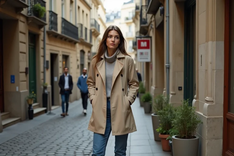 Femme en trench beige sur une rue parisienne au printemps