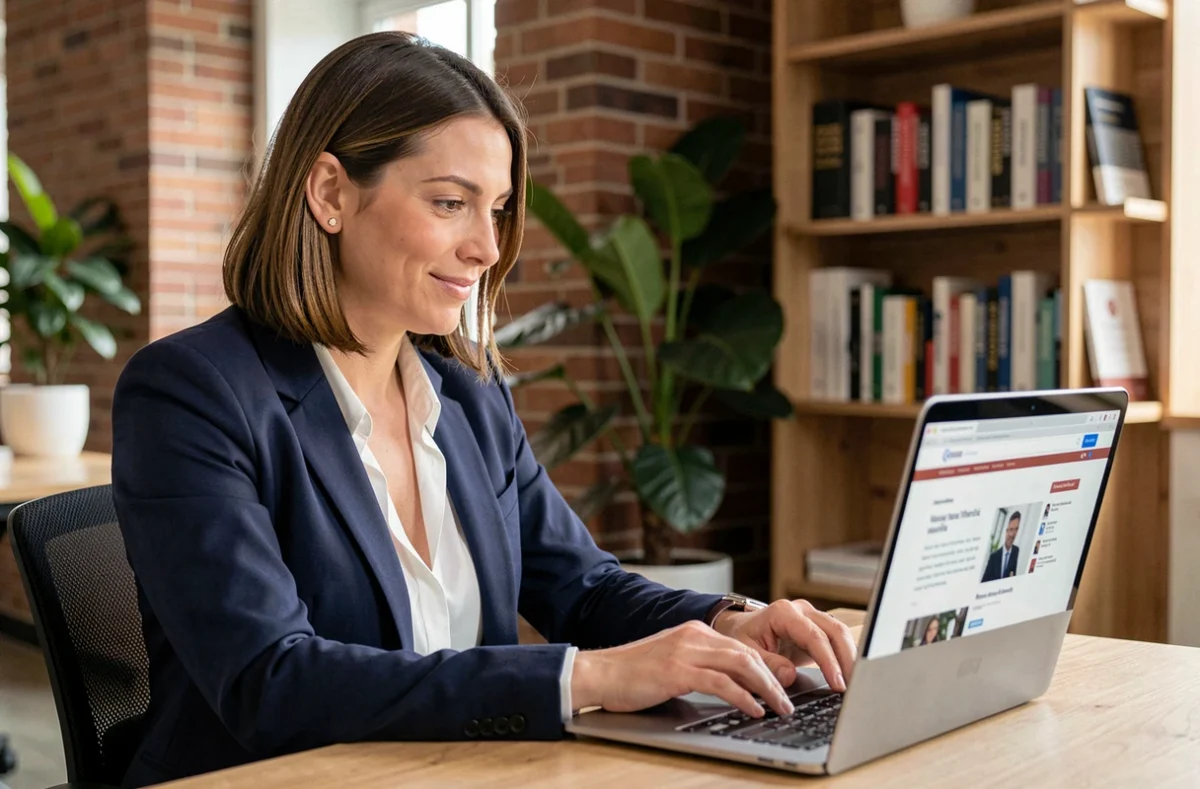 Femme professionnelle consultant le site Blog Entreprises sur un ordinateur portable dans un bureau moderne
