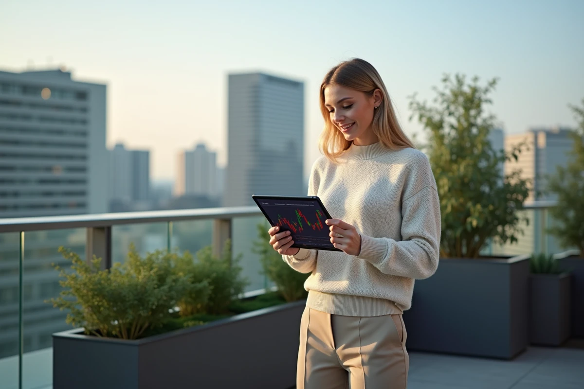 Femme tenant une tablette avec un graphique financier en ville