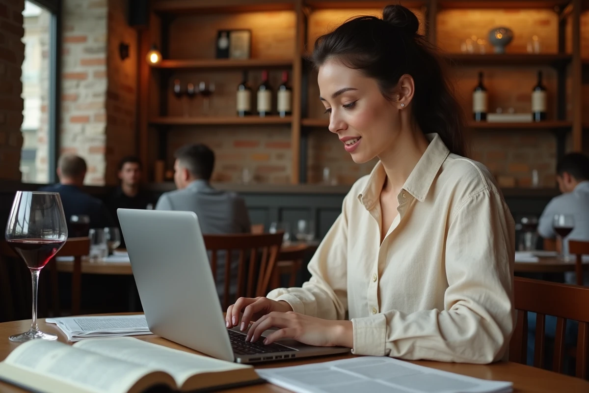Femme parcourant les rubriques d'un site de vin dans un bistrot parisien avec un laptop et un verre de rouge