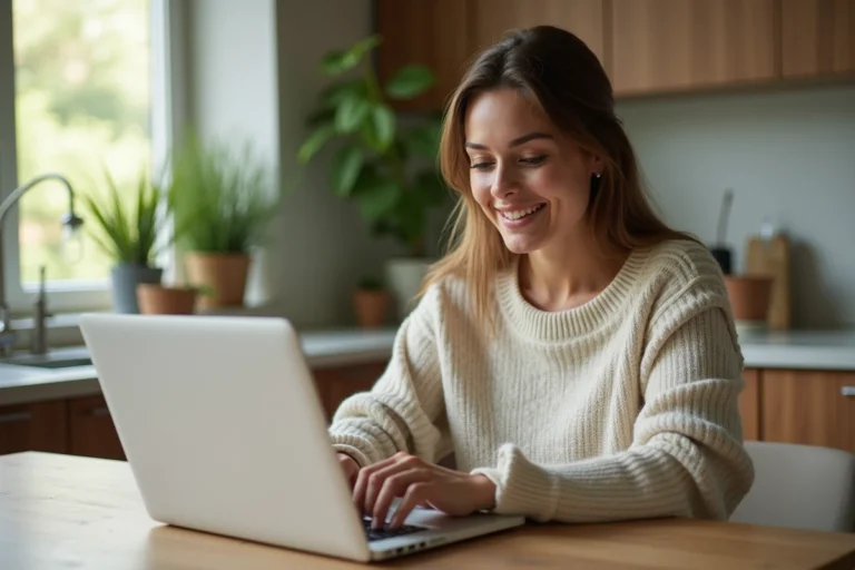 Femme souriante utilisant un ordinateur dans une cuisine chaleureuse