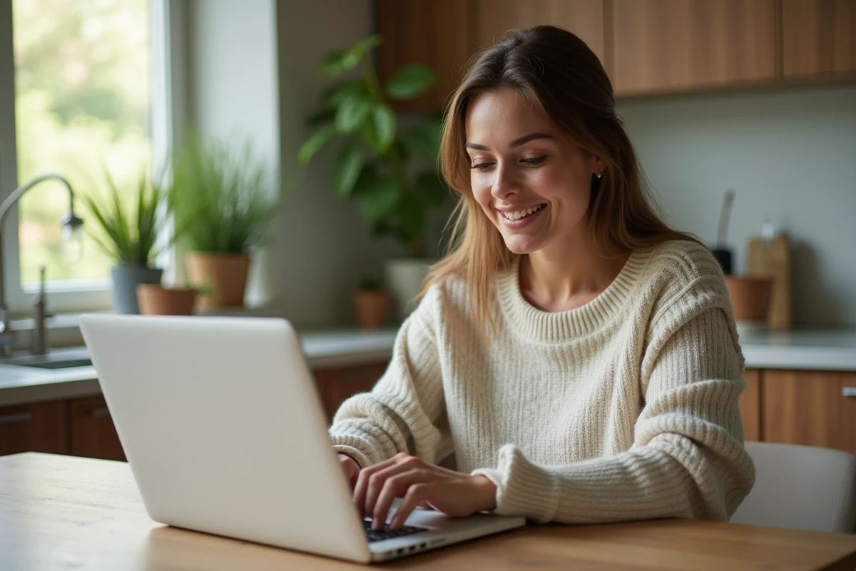 Femme souriante utilisant un ordinateur dans une cuisine chaleureuse