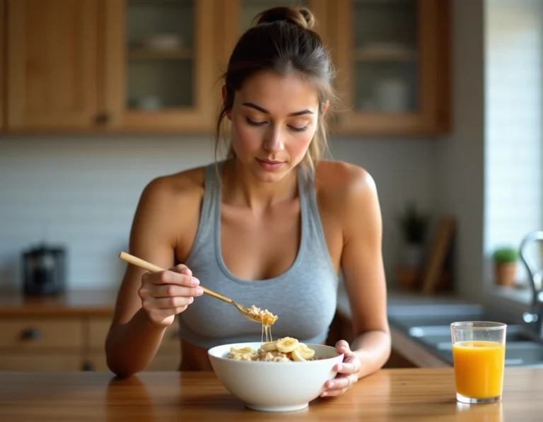 Femme sportive mangeant un bol d'avoine avec banane avant l'entraînement dans une cuisine moderne