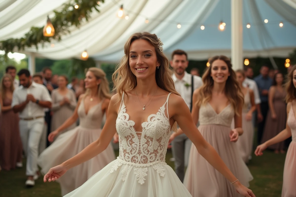 Jeune femme en robe de mariée jouant au jeu des 12 mois en extérieur
