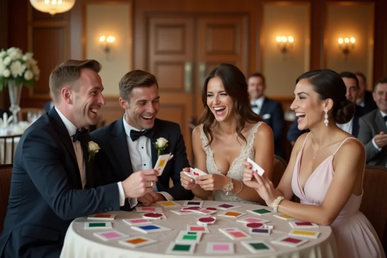 Groupe d'adultes riant lors d'un jeu de mariage élégant
